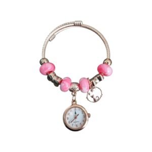 Stylish ladies beads bangle watch featuring decorative colorful beads, charm pendant, and quartz movement. Elegant bracelet style watch available at Albashar Store Pakistan.